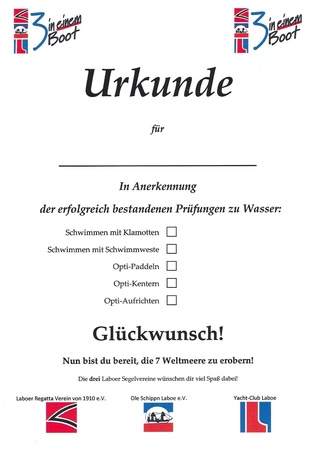 Die Urkunde für die Teilnahme an der Opti-Kenterveranstaltung